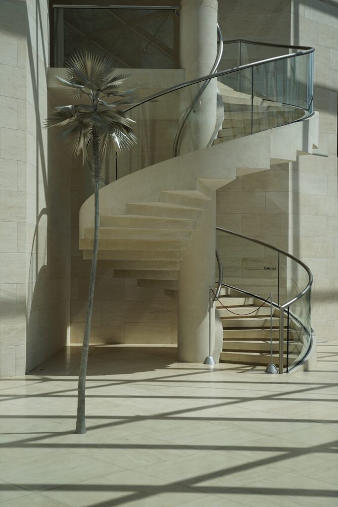 image of a white and glass spiral staircase