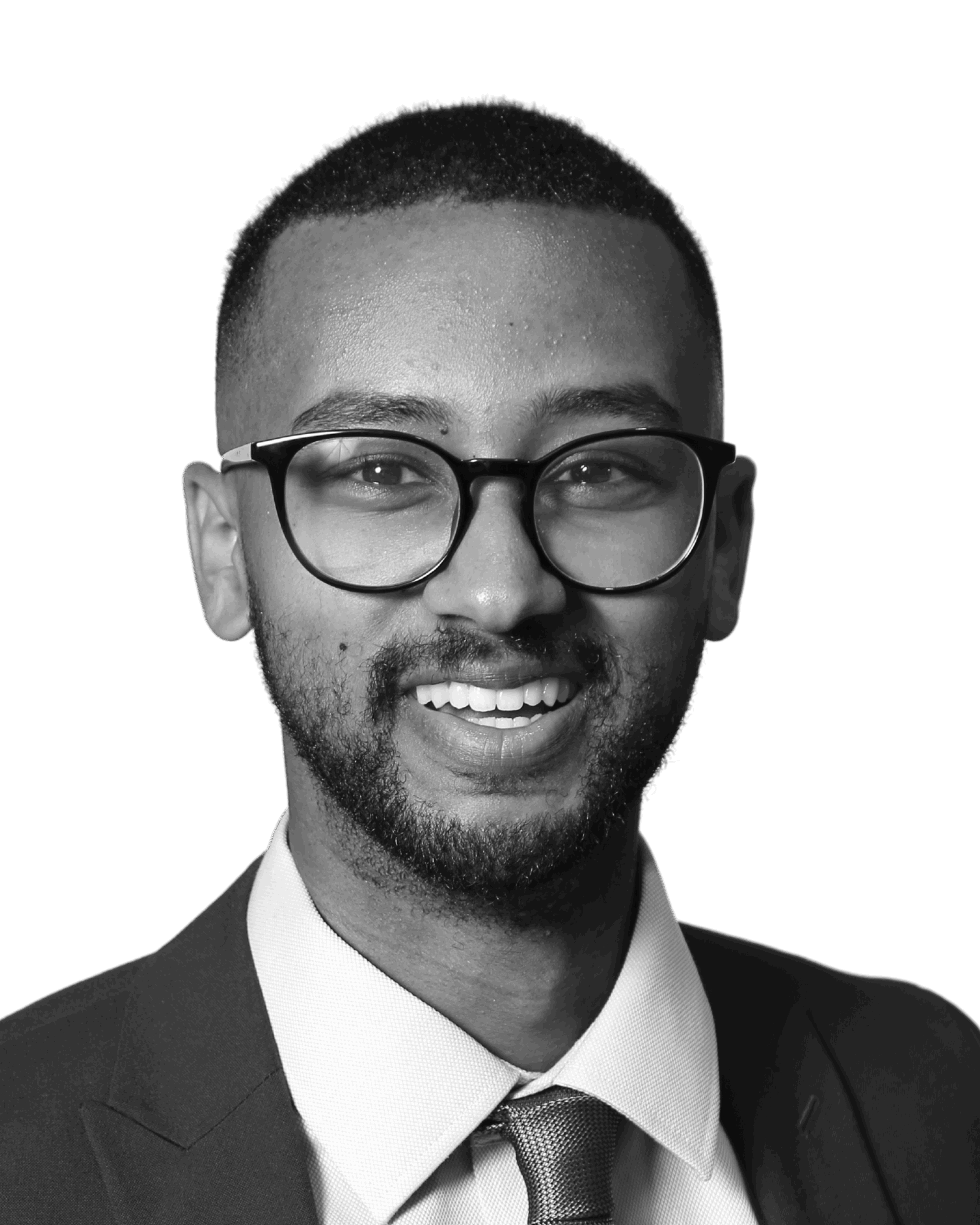 Black and white photograph of Gideon Berhane