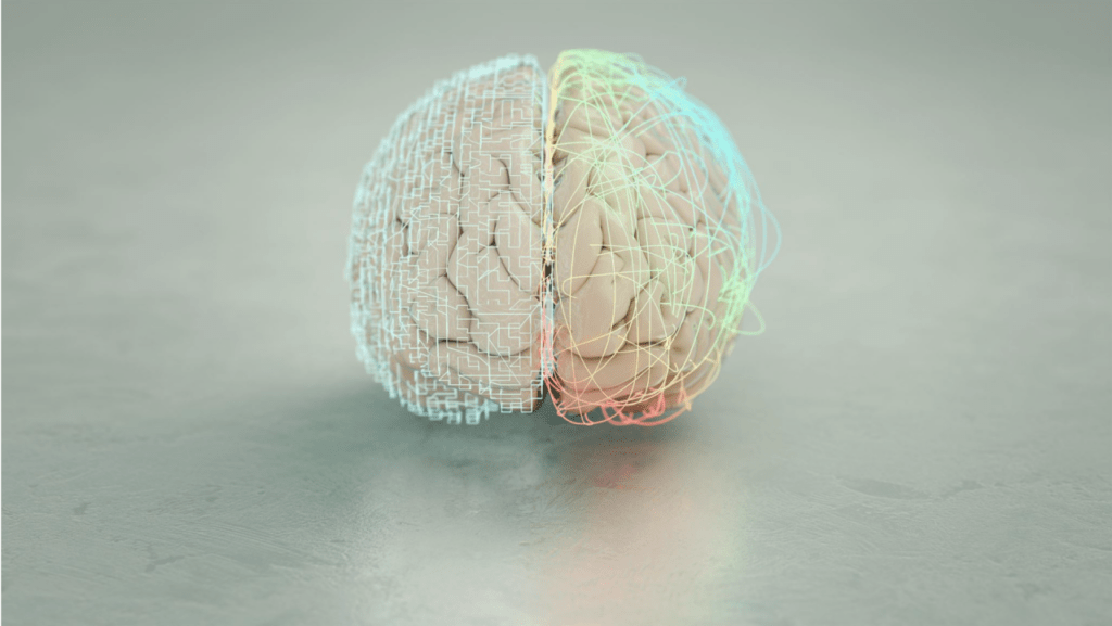 An AI-generated depiction of a human brain with iridescent brainwaves surrounding it.