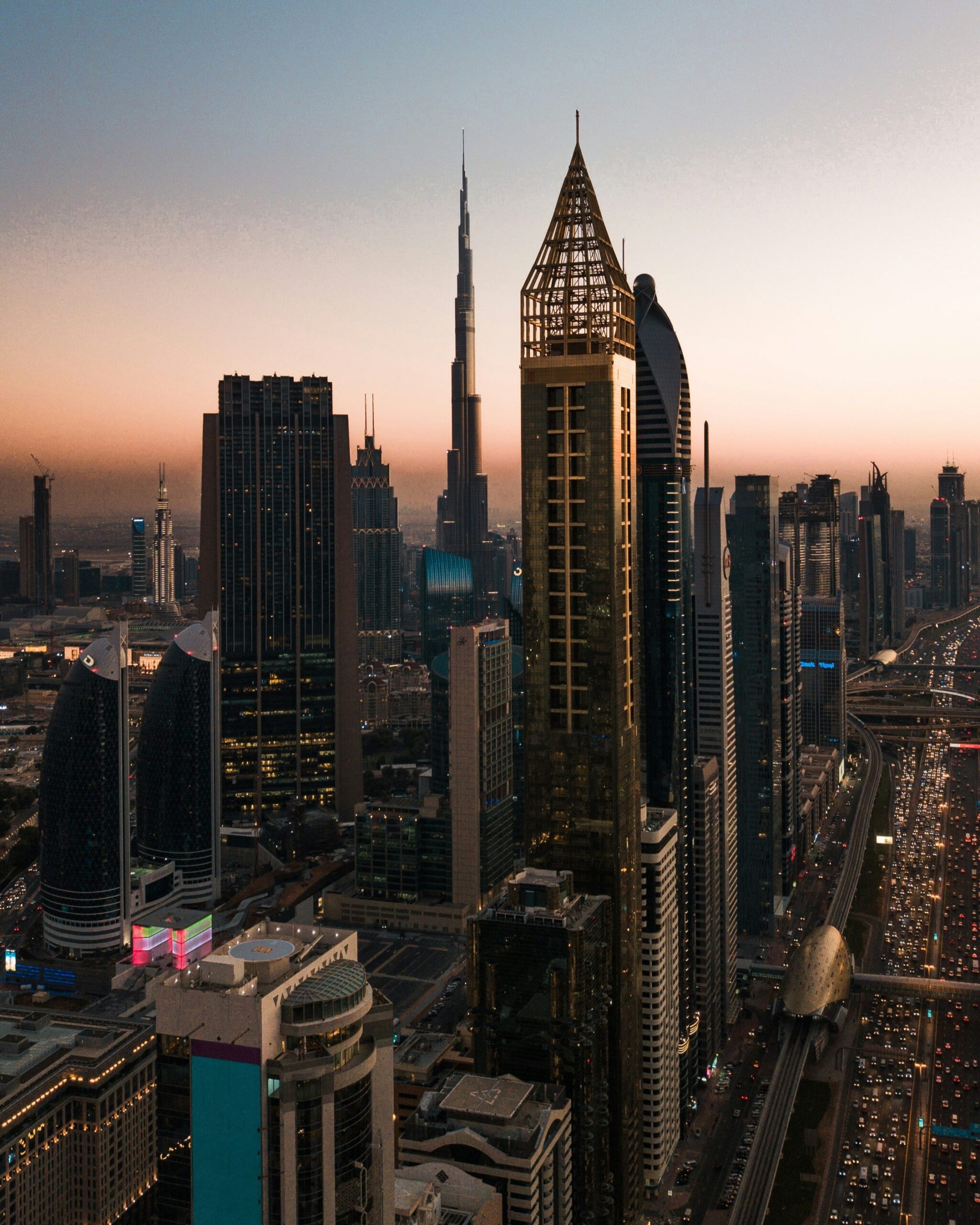 A photo overlooking Sheikh Zayed Road, Dubai at sunset