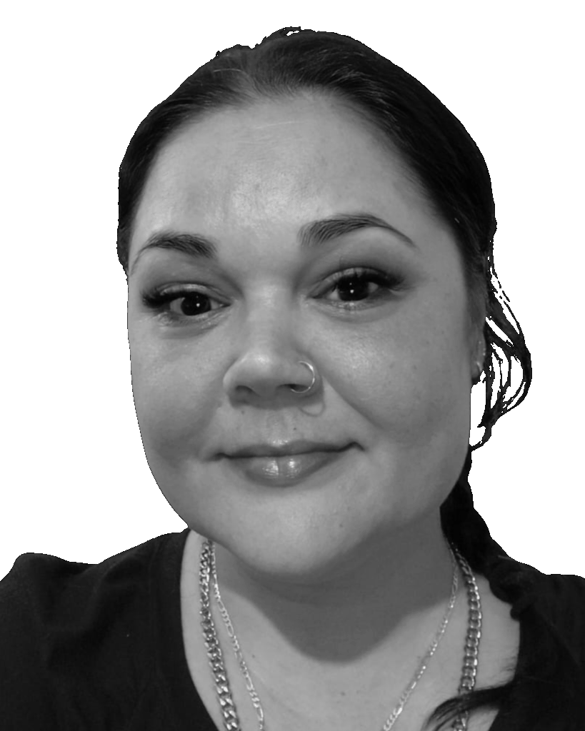 A black and white photograph of Lisa Greyling.