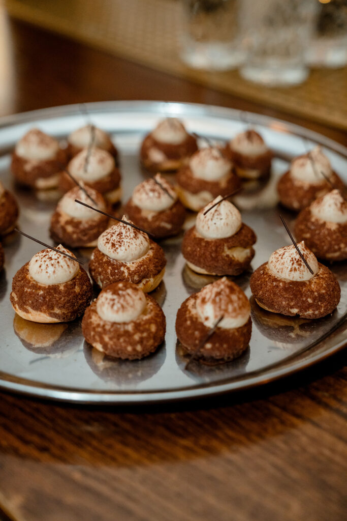 A photograph of a tray of desserts.