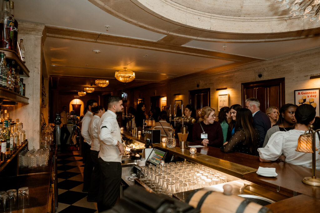 A wide-angle shot of a bar.