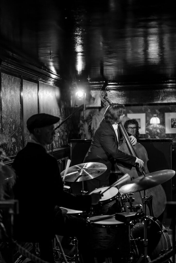 A photograph of a jazz trio.