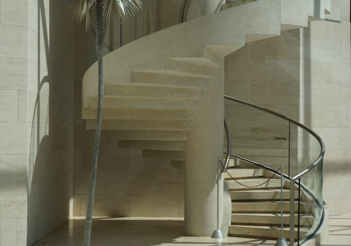 image of a white and glass spiral staircase